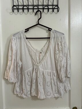 Free People White Eyelet Peasant Top